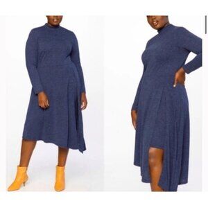 Eloquii Mock-Neck Midi Dress Blue Size 20 Blue Knit Asymmetrical Long Sleeve